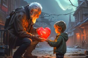 an elderly person handing a heart to a needy child